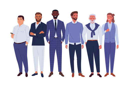 Businessmen team. Vector illustration of diverse standing cartoon men in office outfits. Isolated on white.
