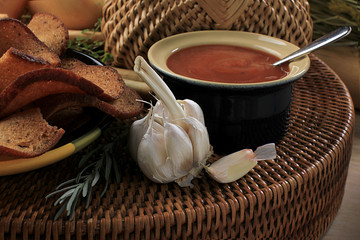 Toasts bread with garlic on a plate. Rustic style, close-up.