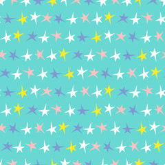 Festive Colorful Neon Small Stars Stripes on Aqua Background Vector Seamless Pattern. Bold Graphic Holidays Print