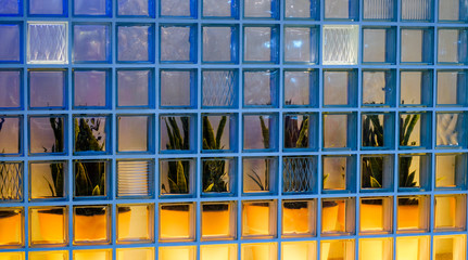 glass brick wall with flowers arrangement in the back