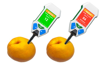 Nitrate testers with apricots. Measurement of nitrate levels in apricots, normal range and higher than norm. 3D rendering