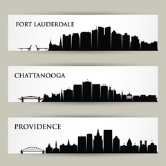 United States of America cities skylines - USA, Providence, Rhode Island, Fort Lauderdale, Florida, Chattanooga, Tennessee - isolated vector illustration