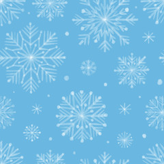 Seamless Christmas winter pattern with white snowflakes on blue background