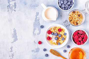 Healthy breakfast, muesli, cereal with fruit.