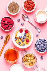 Healthy breakfast, muesli, cereal with fruit.