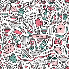 Seamless pattern with kitchen doodle sketch utensils. Cooking tools. Food preparation illustration. 