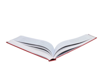 Open book on isolated on white background. Close-up, selective and soft focus with copy space.