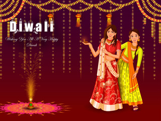 vector illustration of Indian family people celebrating Happy Diwali festival holiday of India