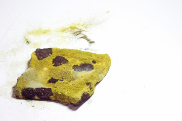 Close-up moldy bread with black and green fungal on dirty white background, Selective and soft focus