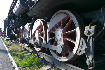 Old steam locomotive in an open air museum, bottom view