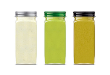 Set of Glass Jar with Sauces, Mustard, Wasabi, Horseradish. 