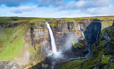 Fototapeta premium View of the landscape of the Haifoss waterfall in Iceland. Nature and adventure concept background.