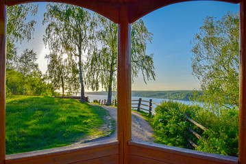 Volga river landscape through a wooden window viewpoint in Plyos