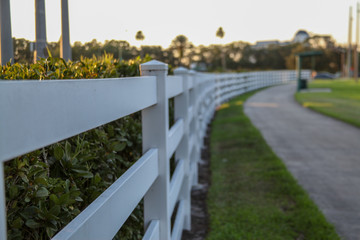 Wide white, curved fence, beside a sidewalk with grass, in the background the beautiful landscape of plants and trees, in Celebration Street, Orlando, Florida, USA.