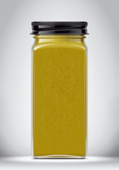 Glass Jar with Mustard on Background. 