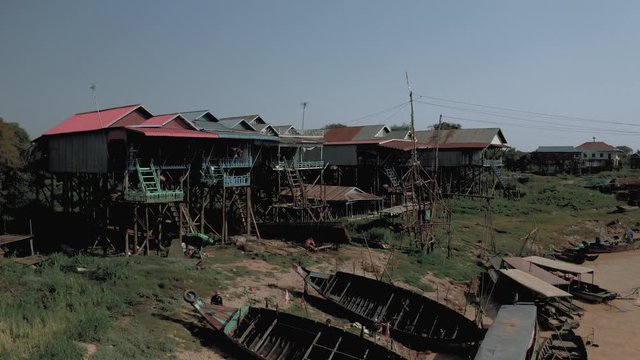 Drone flight over the river in Floating Village in Cambodia, Pean Bang, Tonle Sap Lake 4k