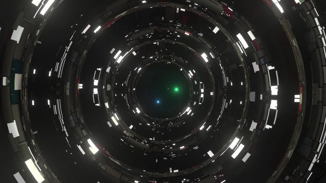 Abstract background with animation of  futuristic ring space craft that form a space tunnel or inter dimensional portal. rendered footage