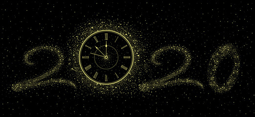Fototapeta na wymiar New Year gold Clock 2020. isolated on black background