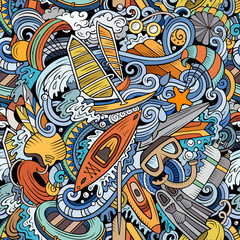 Cartoon cute doodles hand drawn water extreme sports seamless pattern.