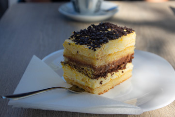 Delicious slovenia cake on white plate called Izolanka, veri tasty dessert with chocolate and orange, metallic spoon