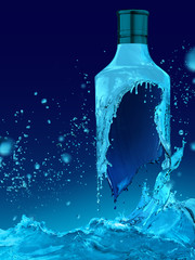 aqua blue vodka bottle made of water splashes - obrazy, fototapety, plakaty