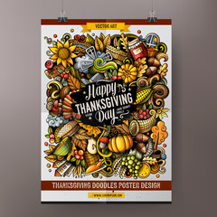 Cartoon colorful hand drawn doodles Happy Thanksgiving poster template