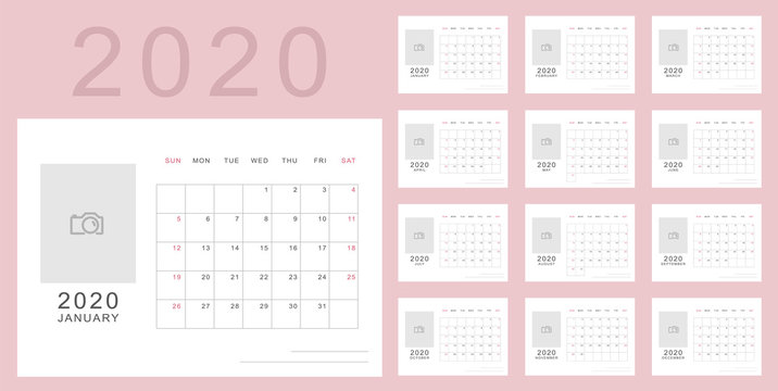 Simple minimalistic calendar of new 2020 year in light pink colors with place for photo. Week starts in Sunday, twelve month calendar. Work and holiday events planner, block-almanac template