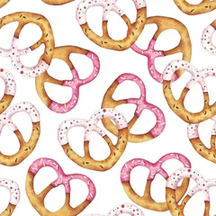 Tapeten Brezeln Herzen. Valentinstag. Nahtloses Muster. Liebe. Essen. Perfekt für Grüße, Einladungen, Herstellung von Geschenkpapier, Textil- und Webdesign. Aquarell nahtlose Muster. © Tatiana 