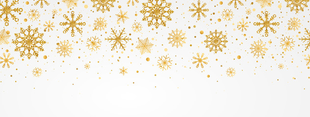 Gold snowflakes falling on white background. Golden snowflakes border with different ornaments. Luxury Christmas garland. Winter ornament for packaging, cards, invitations. Vector illustration
