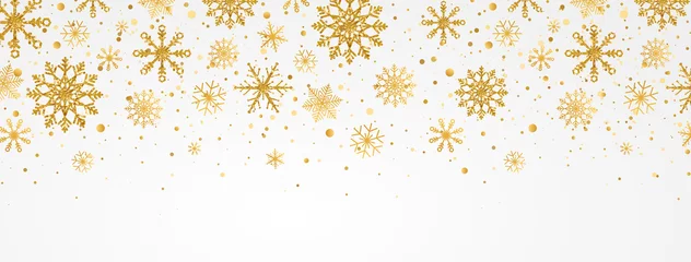 Fotobehang Gold snowflakes falling on white background. Golden snowflakes border with different ornaments. Luxury Christmas garland. Winter ornament for packaging, cards, invitations. Vector illustration © Liubov