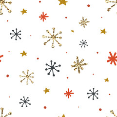 Christmas seamless pattern with snowflakes. Hand drawn doodle snowflakes background for wrapping paper, textiles, wallpaper, cards. Glitter design element. Vector illustration
