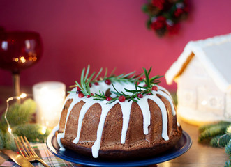 Christmas traditional pie close up. Festive food with winter holidays decoration on the table 