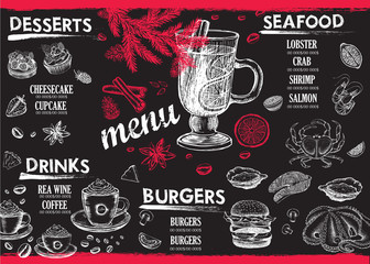 Christmas menu cafe. Food flyer. Restaurant menu. Template design. 