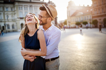 Happy romantic couple in love having fun outdoor in summer day