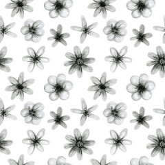 gray small flowers, freehand drawing in pencil illustration, seamless pattern