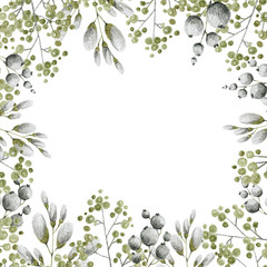 green and gray leaves branches and flowers, drawing in pencil background