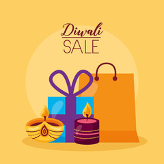 diwali sale card with gifts and candles icon