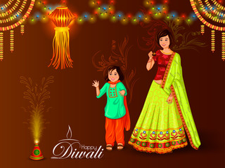 vector illustration of Indian family people celebrating Happy Diwali festival holiday of India