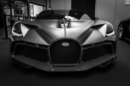 A sports car Bugatti Divo, 2018 on May 01, 2019 in Berlin, Germany. Black and white.