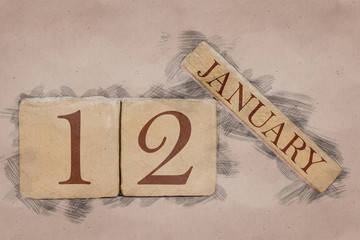 january 12th. Day 12 of month, calendar in handmade sketch style. pastel tone. winter month, day of the year concept