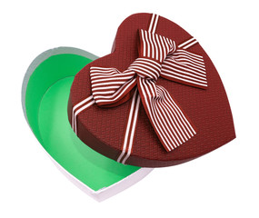 Red heart present box. Gift for lover green color inside with bow tie isolated on white backgrond with clipping path