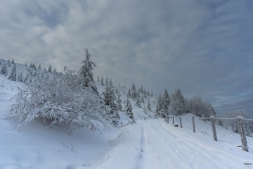 Magic winter fogs in Ukrainian Carpathians overlooking the snow-capped mountain peaks from the picturesque mountain valley with tourists in tents.