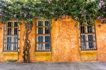 street in old town colonial house window cartagena colombia - obrazy, fototapety, plakaty