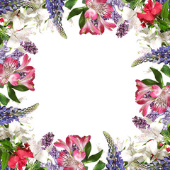 Beautiful floral background of Chinese rose, Hibiscus, Lilac, lupine and Alstroemeria. Isolated