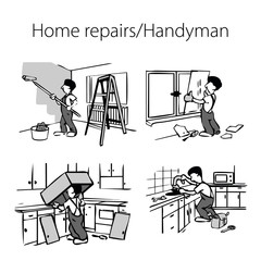 Set of black and white illustrations with home repairs theme (handyman-repairman in various repair work), vector illustrations