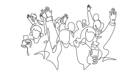 Cheerful crowd cheering illustration. Hands up. Group of applause people continuous one line vector drawing.