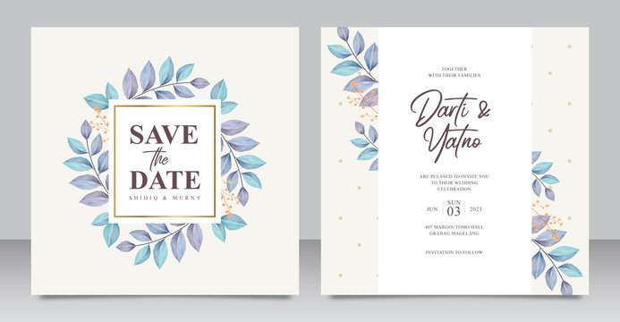 Elegant wedding invitation card with beautiful leaves aquarel