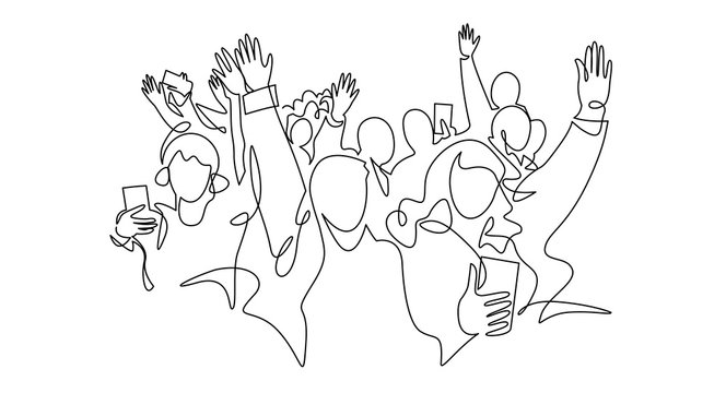 Cheerful Crowd Cheering Illustration. Hands Up. Group Of Applause People Continuous One Line Vector Drawing.