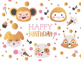Happy birthday vector illustration. Greeting card template, poster with cute animals. Funny cartoon characters, smiling faces of squirrel, panda, rabbit, sloth and monkey