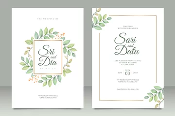 Tapeten Wedding invitation card set template with beautiful leaves aquarel © StwStudio